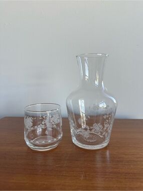Etched Glass Carafe and Tumbler Set - Crabtree & Evelyn “Tumble Up” set  - VTG